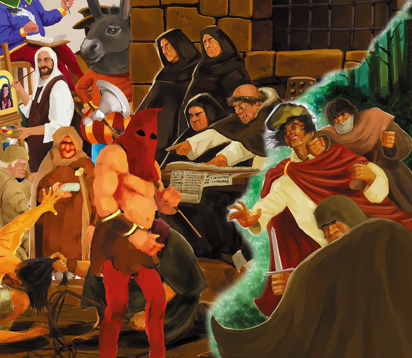 Medieval narrative illustration with monks, hooded figures and dramatic confrontation